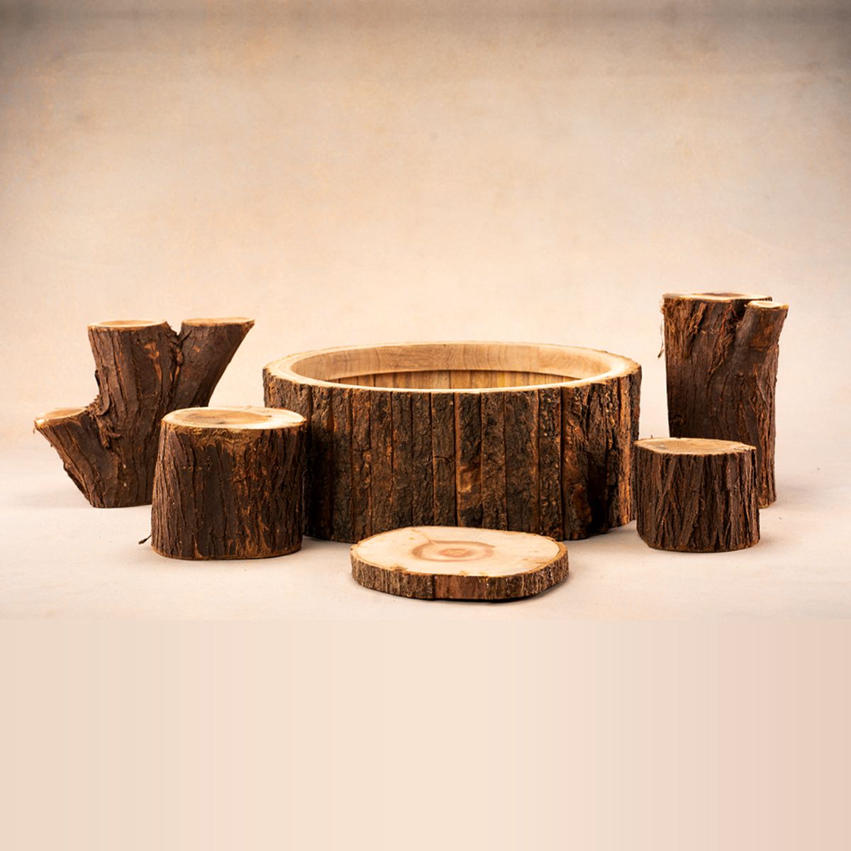 Wooden bark bowl with logs